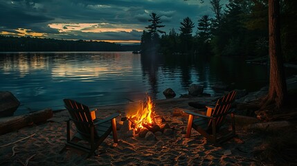 Summer nights around a crackling beach bonfire evoke nostalgic memories of laughter and joy shared by the lake. - obrazy, fototapety, plakaty