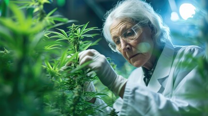 In a cutting-edge laboratory, an elderly female scientist meticulously nurtures the cultivation of therapeutic cannabis with dedication.