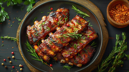 A sizzling plate of succulent pork spare ribs resting on a rustic wooden table, surrounded by fresh herbs and spices-3