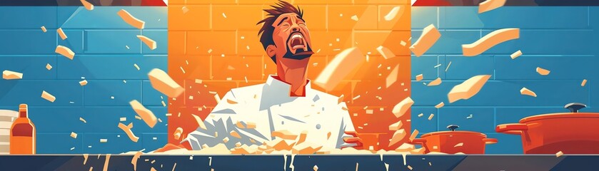 Illustrate a cooking mishap in a photorealistic digital rendering, showcasing a chefs shocked expression as dough flies everywhere Emphasize the chaos in the kitchen scene with dynamic lighting and te