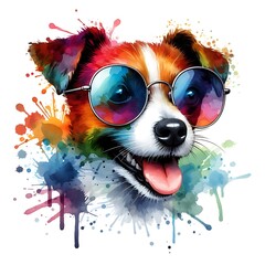 Cartoon Jack Russell Terrier Dog: Abstract Watercolor Painting with Colorful Details and Sunglasses, Perfect for T-shirt Prints or High-Quality Wall Art.