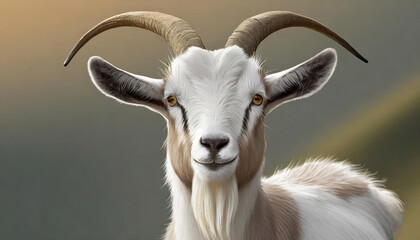 A close-up of a goat with white and brown fur and curved horns stands against a blurred natural background.