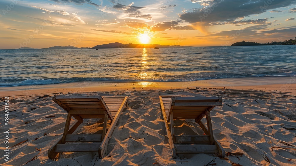 Wall mural sun loungers sit on the sandy beach as the sun sets over the water, creating a beautiful seascape.