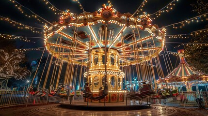 Swinging carousel in an amusement park with bright lights at night.