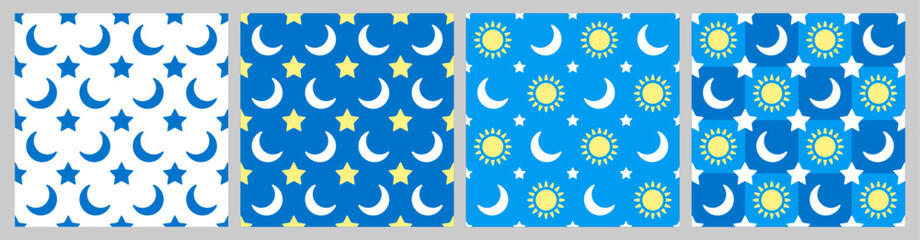 Set of seamless pattern with crescent, stars and sun. Simple geometric ornaments for wallpaper, background, textile etc. Vector illustration