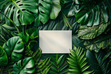 Blank Card Surrounded by Lush Green Tropical Leaves