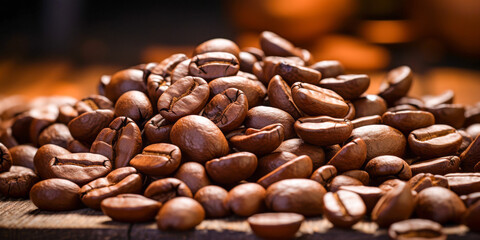 Aromatic Roasted Coffee Beans Cascade on Wooden Background