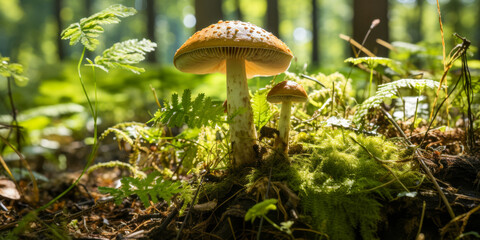 Enchanting Forest Mushrooms Under Sunlight Amidst Green Ferns