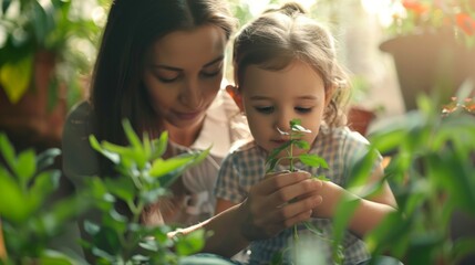 a cute little girl helping her mother take care of the plants. generative ai
