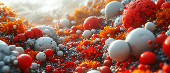 Surreal Landscape with Red and White Spheres Amidst Orange Vegetation - obrazy, fototapety, plakaty