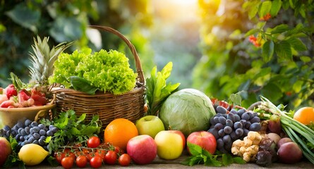 fruits and vegetables in basket . Organic fruit and vegtable garden background