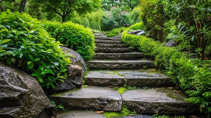 Stone steps lead through a lush green park, creating a picturesque landscape.