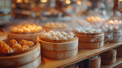 A picturesque scene of yumcha ambiance, with bamboo steamers filled with an assortment of dumplings...