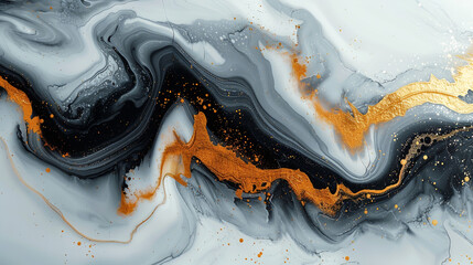 Abstract fluid art painting in black, white and gold color palette, with swirling patterns of...