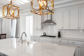 Luxury Modern Contemporary Kitchen with Cube Box Brass Golden Light Fixtures, Marble Island