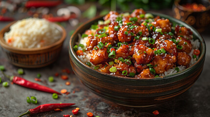 A mouthwatering tableau unfolds: glistening General Tso's chicken beckons beside fluffy fried rice, creating a culinary masterpiece on the panoramic tabletop-3