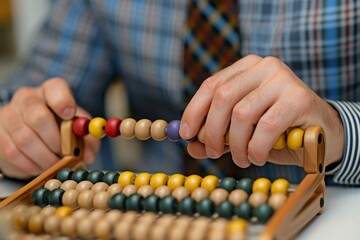 A man focuses as he skillfully manipulates the wooden beads on an abacus, calculating numbers with precision and concentration, Accountant using an abacus to account for finances, AI Generated