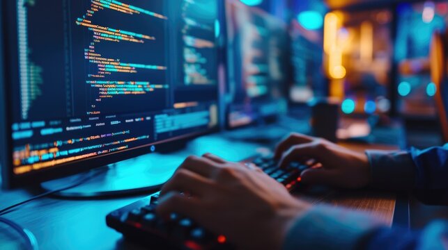 Close-up of a programmer's hands typing on a backlit keyboard, with lines of code displayed across multiple computer screens. AIG41