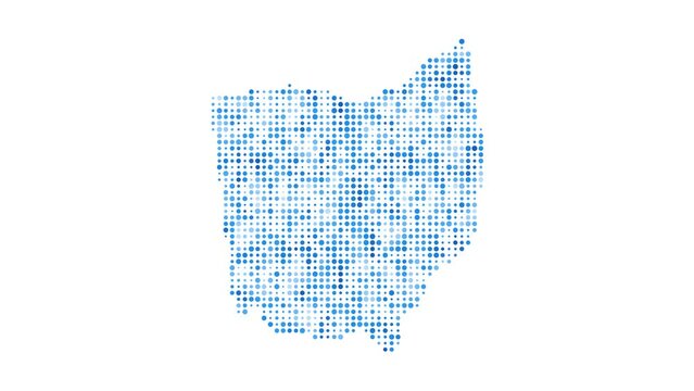 Ohio dotted digital map. Map of Ohio with pulsating colored circles. Shape of the US state filled with blue disks. Artistic video.