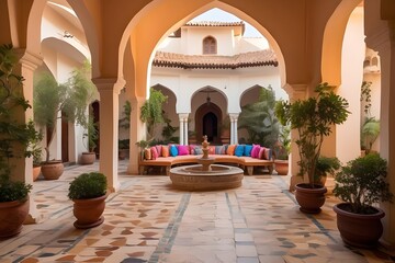 Fototapeta na wymiar Indian courtyard in the traditional style, with a central courtyard surrounded by arched walkways, vibrant tiles, and potted plants