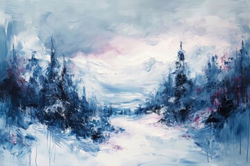 This photo captures a painting depicting a wintry scene with trees covered in snow, Abstract painting of a futuristic winter landscape, AI Generated - obrazy, fototapety, plakaty