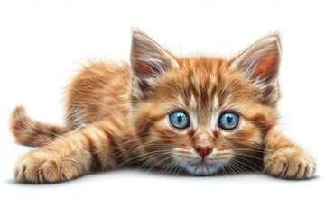 Obraz premium An adorable ginger kitten, attentive and curious, lies on a white background, a playful and sweet portrait.
