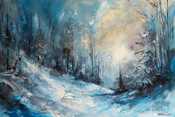 A Painting of a Snowy Landscape With Trees, Abstract painting of a futuristic winter landscape, AI...