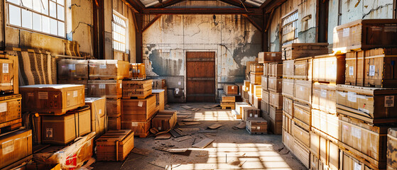 Abandoned Warehouse with Old, Rustic Charm and a Sense of Forgotten Industry - obrazy, fototapety, plakaty