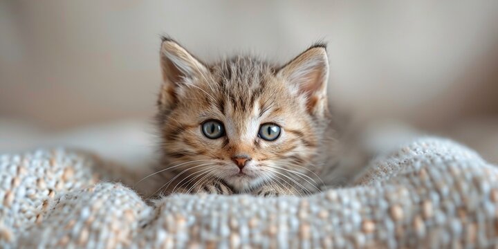 An innocent and adorable kitten sits on a woven blanket, its charming demeanor captivating.
