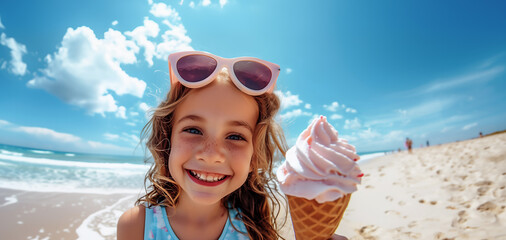 Little girl holding ice cream cone on beach. Child with sunglasses on her forehead enjoy summer vacation. Sunny day