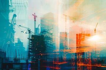 This photo showcases a lively city with a multitude of towering buildings, displaying the urban hustle and bustle, Abstract portrayal of double exposure construction in the future city, AI Generated - obrazy, fototapety, plakaty