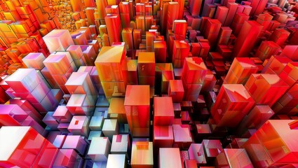 Obraz premium A striking, futuristic cityscape with a bold, geometric architecture in vibrant, warm hues, evoking a sense of technological advancement.