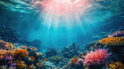 An underwater coral reef scene, diverse marine life, vivid colors, showcasing the beauty and diversity of ocean life. Underwater photography, coral reef ecosystem, diverse marine life,. Resplendent. - obrazy, fototapety, plakaty
