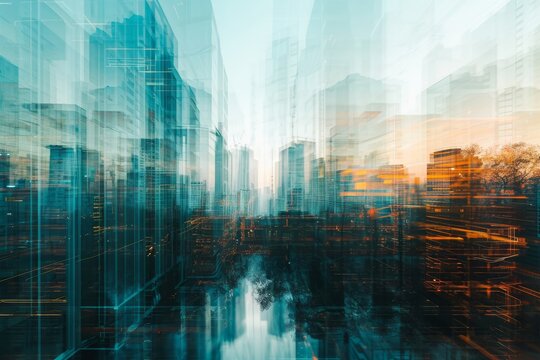 This photo showcases a bustling city with numerous towering buildings situated next to a flowing river, Abstract portrayal of double exposure construction in the future city, AI Generated