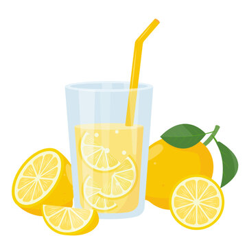 Fresh yellow lemon juice in glass. Weight loss diet vitamin C smoothie. Detox fruit cocktail for healthy dieting. Vector illustration isolated on white background.