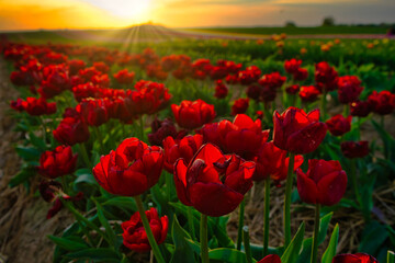 Field of red tulips in the golden hour