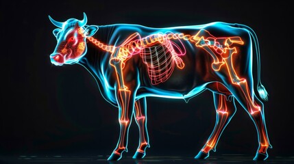 cow with muscles highlighted in neon color, on black background generative ai - obrazy, fototapety, plakaty