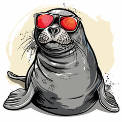 Seal with red sunglasses. Vector illustration of a sea animal.