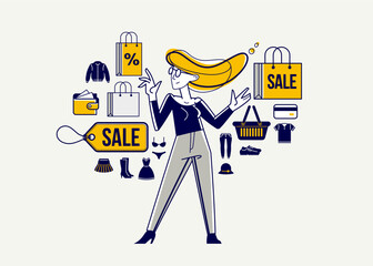 Shopping and discount vector outline illustration, store worker managing goods or customer have a big choice and enjoying cheap prices, adviser consultant.