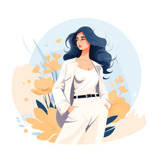 Vector illustration of a beautiful girl with long hair in a white coat and blue skirt.