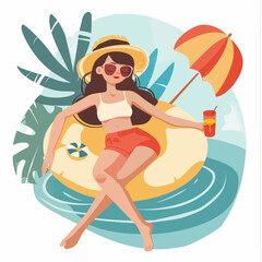 Vector illustration of a girl in a swimsuit, hat and sunglasses sitting on an inflatable ring in the sea.
