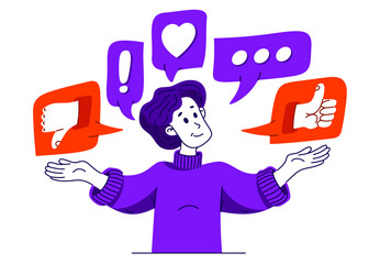 Young man is choosing between different reactions in social media, vector illustration of a person in doubt between different responses when communicating online. - 784704244