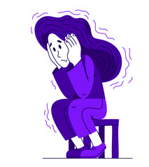 Young woman having a psychological problem of stress or anxiety, vector illustration of stressed girl having mental disorder or tired, headache flat style drawing. - 784704252