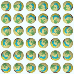Collection of globes. North pole sphere view. Rotation step 10 degrees. Colored continents style. World map with graticule lines on light background. Emotional vector illustration.