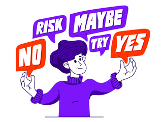 Young man having a doubt and question, vector illustration of a person who is hesitating and thinking about some problem, decide uncertainty.