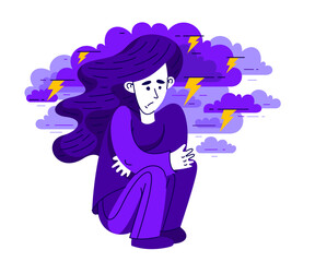 Young woman having a psychological problem of stress or anxiety, vector illustration of stressed girl having mental disorder or tired, headache flat style drawing.