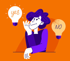 Young boy having a lot of ideas and choosing best one to solve some problem, vector illustration of a young person who is choosing between different ideas which one is working.