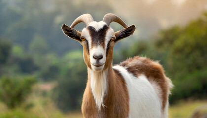A close-up of a goat with brown and white fur and curved horns stands against a blurred natural background.