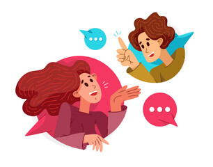Two people talking online via some messenger with speech boxes, vector illustration of online video dialog, couple in speech bubbles. - 784704291