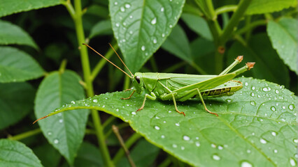green grasshopper sitting on a leaf, bush after rain, insect, flora and fauna, dew, drops, katydid closeup  - Powered by Adobe